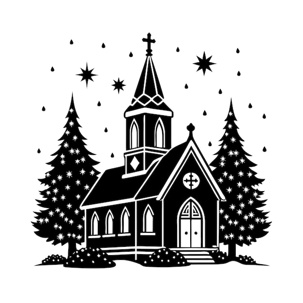 un dibujo en blanco y negro de una iglesia con una cruz en la parte superior