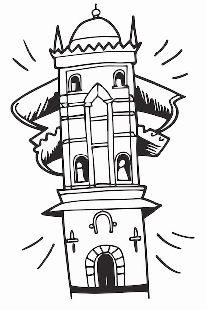 un dibujo en blanco y negro de una iglesia con una torre y una cruz en ella