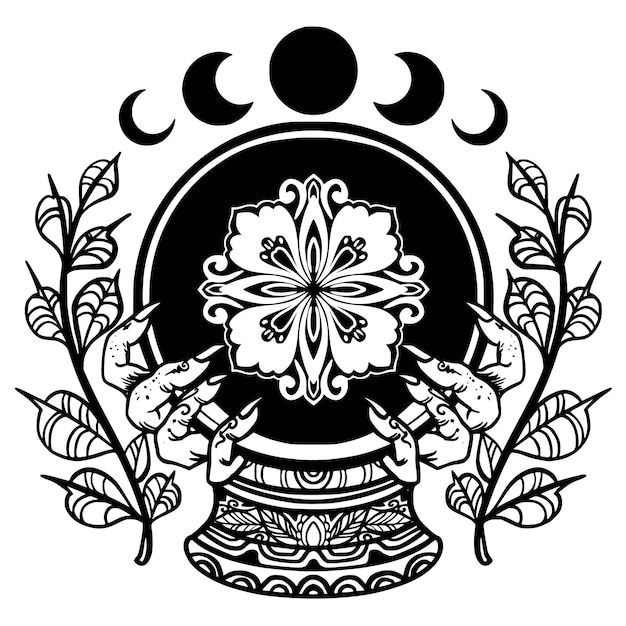 Vector un dibujo en blanco y negro de un jarrón con flores y una luna