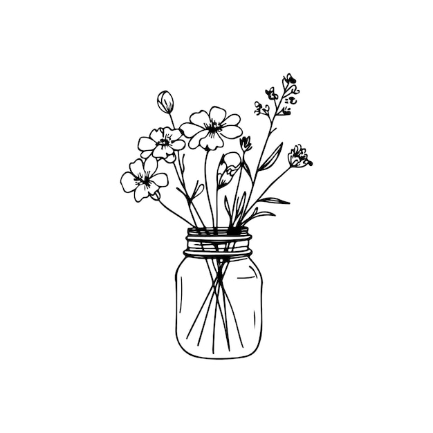 un dibujo en blanco y negro de un jarrón con flores