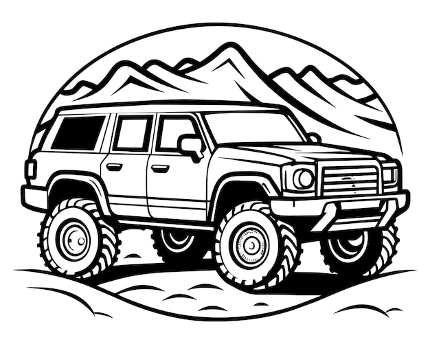 un dibujo en blanco y negro de un jeep con montañas en el fondo