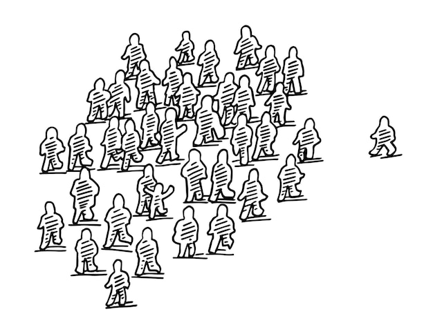 un dibujo en blanco y negro de una línea de personas con una línea de gente en él