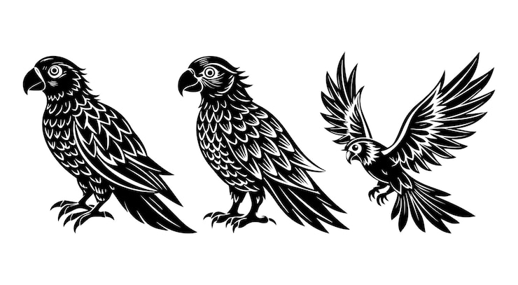 un dibujo en blanco y negro de un loro y un pájaro