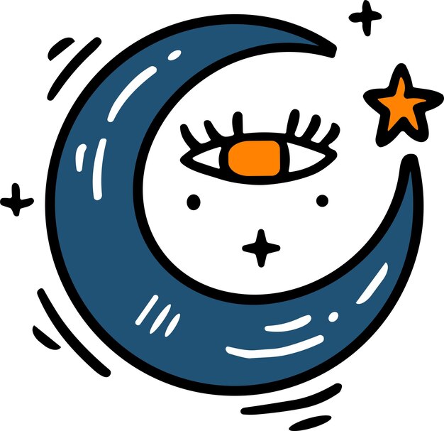 Un dibujo en blanco y negro de una luna creciente con una estrella en el centro