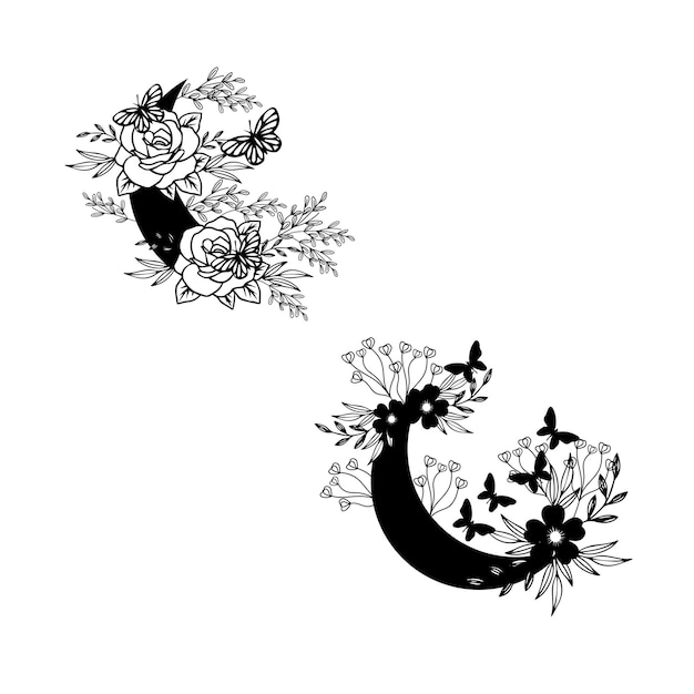 Un dibujo en blanco y negro de una luna con flores y mariposas.