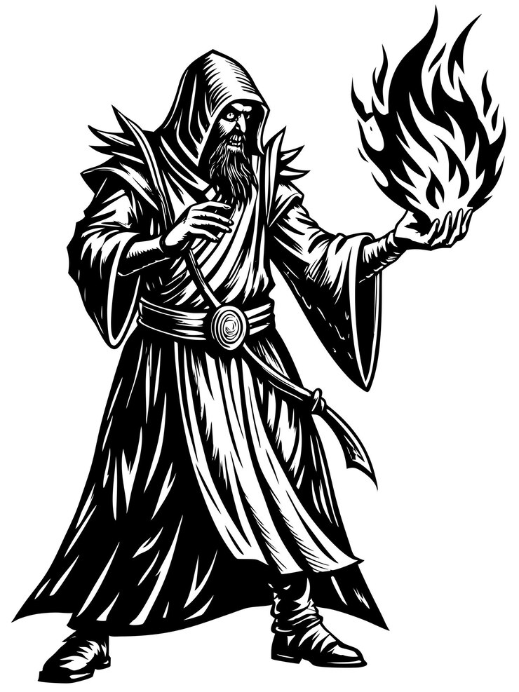 un dibujo en blanco y negro de un mago sosteniendo una escoba