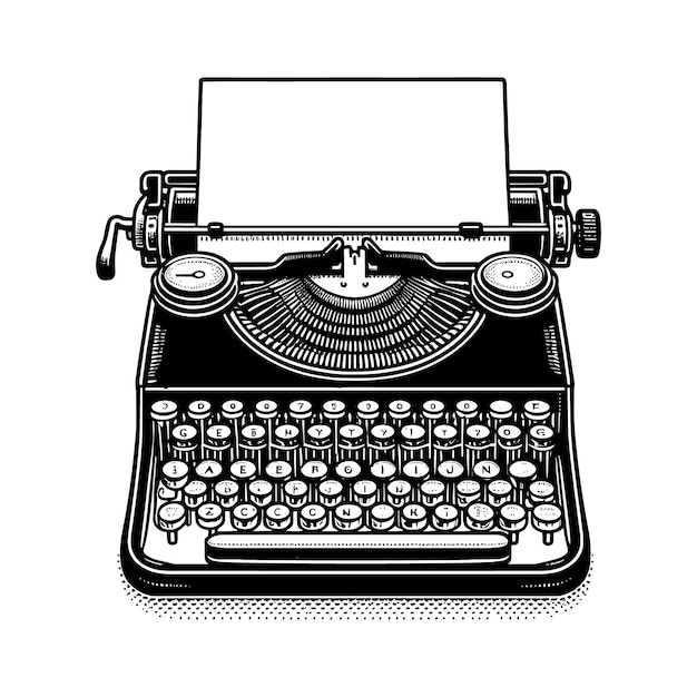 un dibujo en blanco y negro de una máquina de escribir con una hoja en blanco de papel detrás de ella