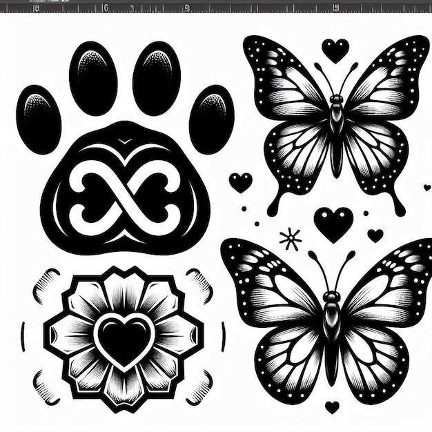 Vector un dibujo en blanco y negro de mariposas y flores con corazones y mariposas