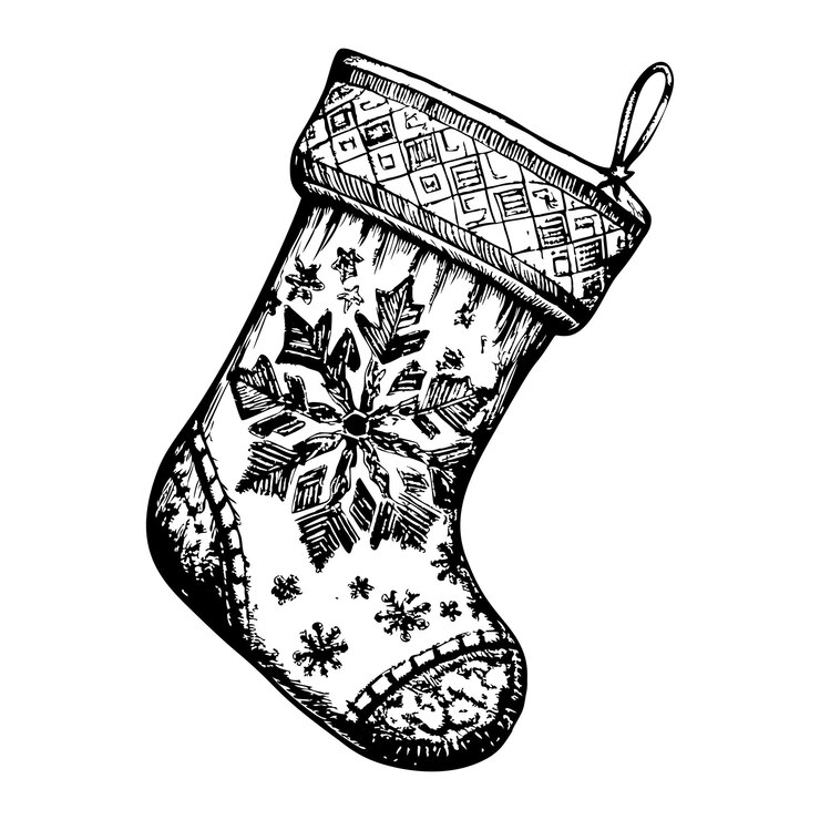 Vector un dibujo en blanco y negro de una medias de navidad con copos de nieve en él