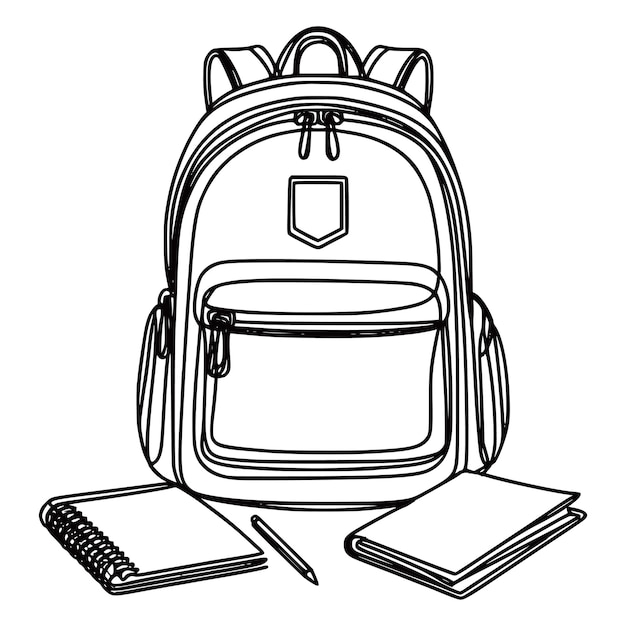 un dibujo en blanco y negro de una mochila y libros