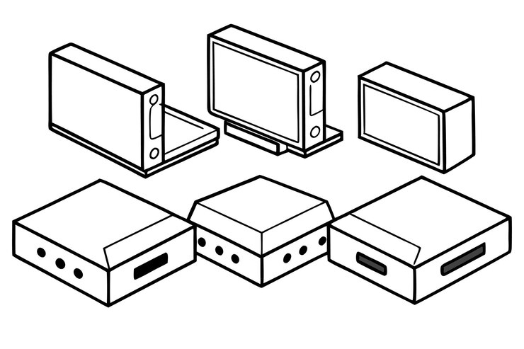 Vector un dibujo en blanco y negro de un monitor de computadora y una caja con el número 3 en él