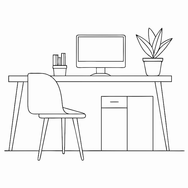 un dibujo en blanco y negro de un monitor de computadora y una planta en un escritorio