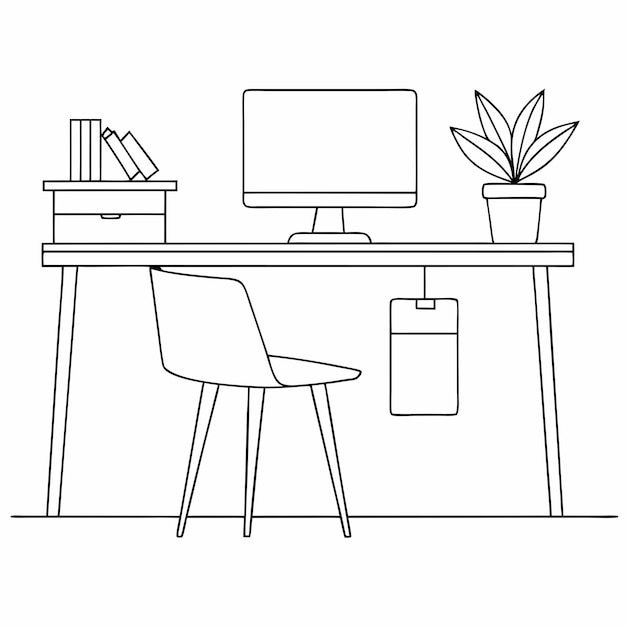 un dibujo en blanco y negro de un monitor de computadora y una planta en un escritorio