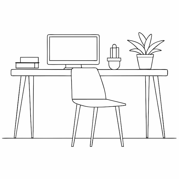 un dibujo en blanco y negro de un monitor de computadora y una planta en un escritorio