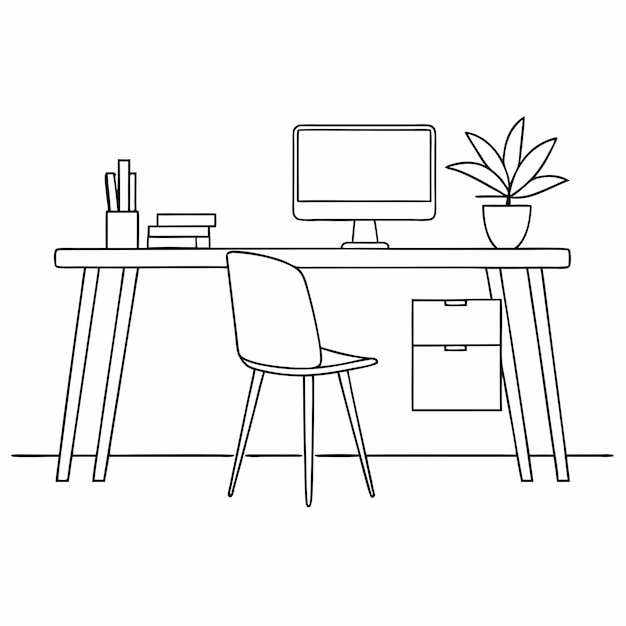 un dibujo en blanco y negro de un monitor de computadora y una planta en un escritorio