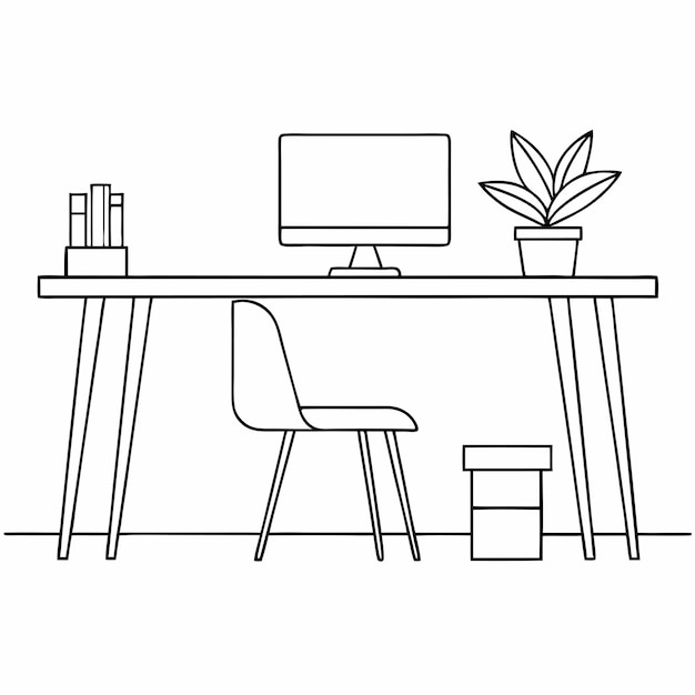 un dibujo en blanco y negro de un monitor de computadora y una planta en un escritorio