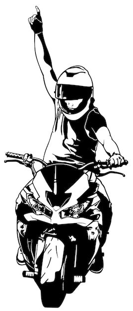 Dibujo en blanco y negro de un motociclista en una motocicleta con la mano levantada