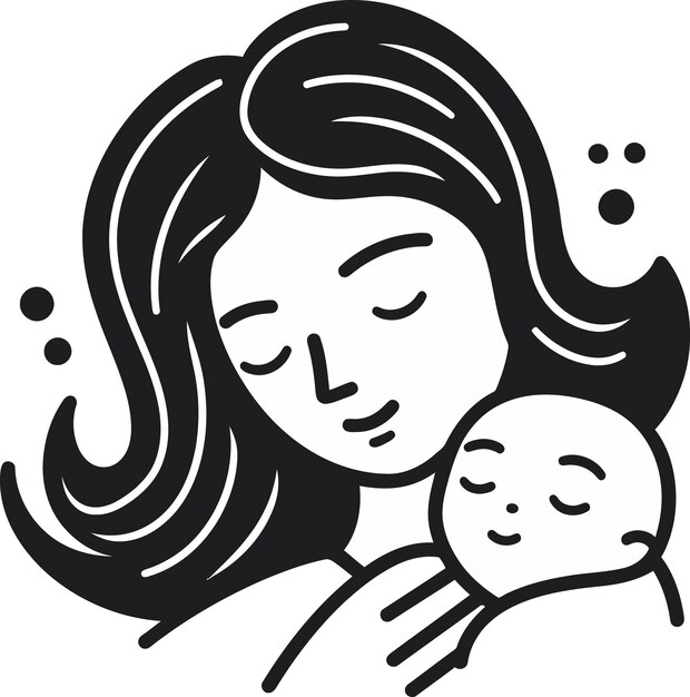 un dibujo en blanco y negro de una mujer con un bebé en sus brazos