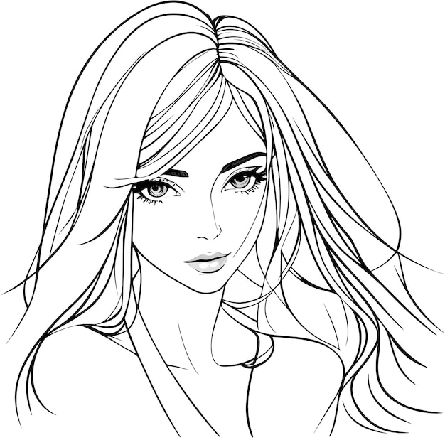 Un dibujo en blanco y negro de una mujer con cabello largo y cabello largo.