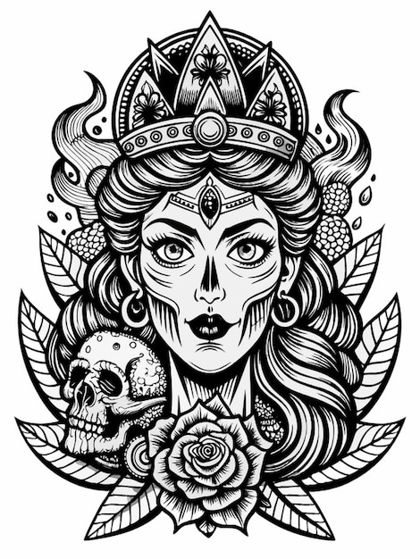 un dibujo en blanco y negro de una mujer con un cráneo y flores