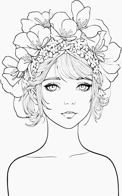 Un dibujo en blanco y negro de una mujer con flores en la cabeza.