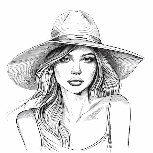 un dibujo en blanco y negro de una mujer con un sombrero