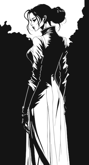 Un dibujo en blanco y negro de una mujer con un vestido.