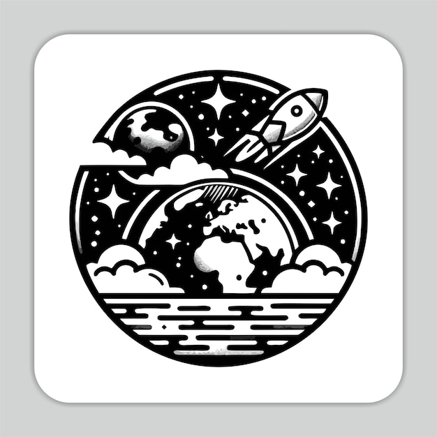 un dibujo en blanco y negro de una nave espacial y una luna