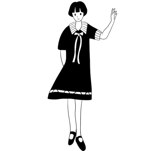 Vector un dibujo en blanco y negro de una niña agitando su mano.