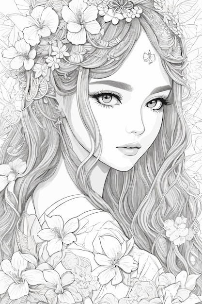 Un dibujo en blanco y negro de una niña con flores en el pelo.