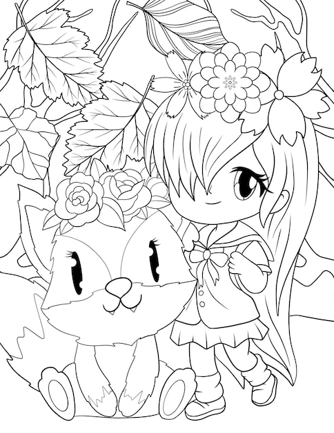 Un dibujo en blanco y negro de una niña y un gato con rosas.