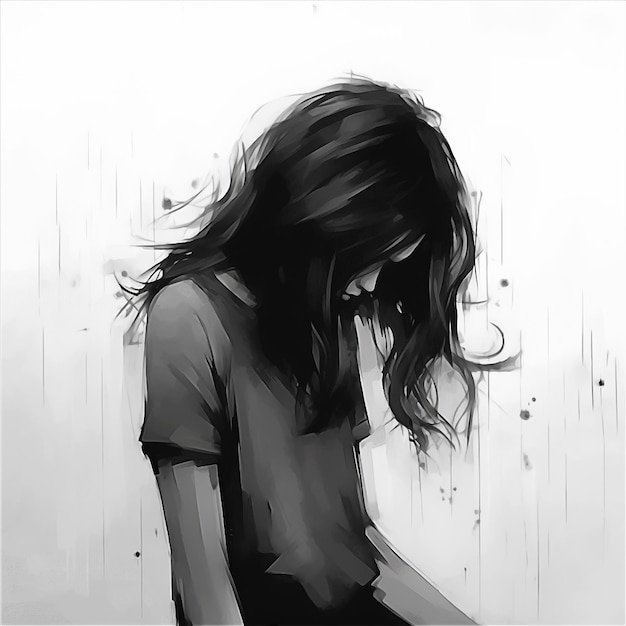 Un dibujo en blanco y negro de una niña triste con el pelo largo imagen conceptual de la tristeza