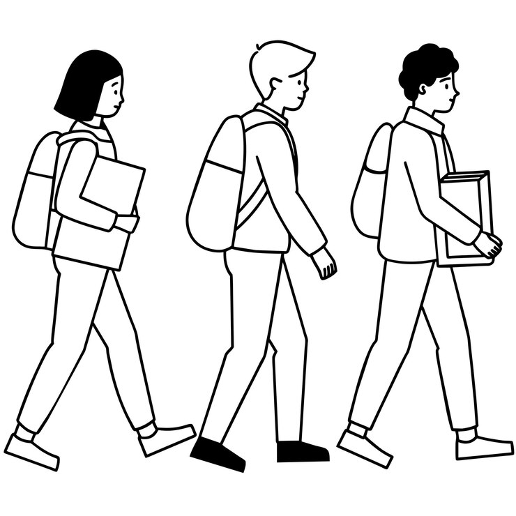 un dibujo en blanco y negro de un niño y una niña con mochilas