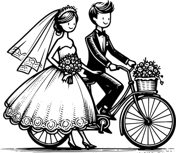 Vector un dibujo en blanco y negro de una novia y un novio en una bicicleta