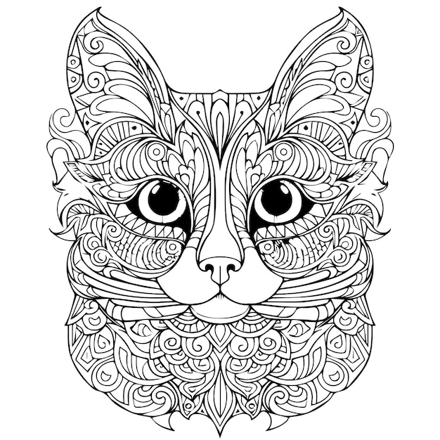 Un dibujo en blanco y negro de la página del libro para colorear de la cara de un gato