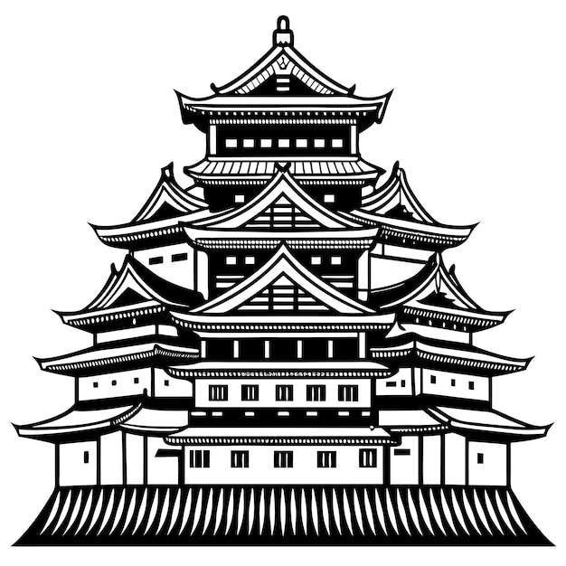 un dibujo en blanco y negro de una pagoda
