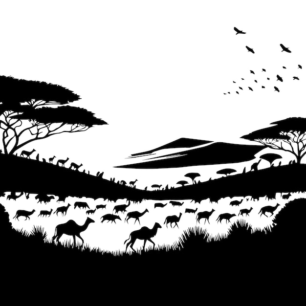 un dibujo en blanco y negro de un paisaje con árboles y animales