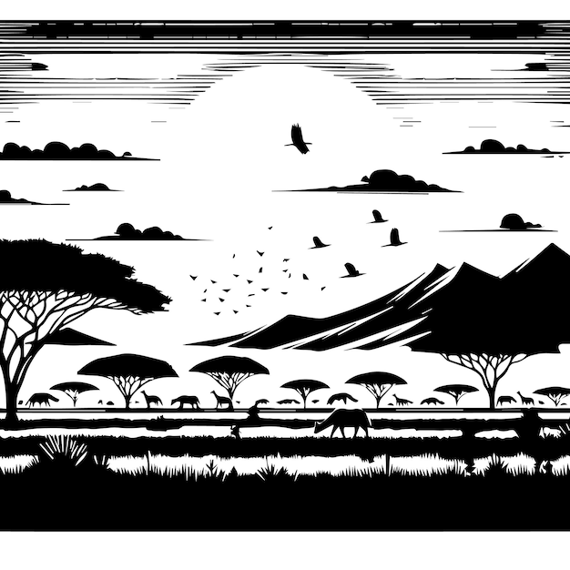 un dibujo en blanco y negro de un paisaje con pájaros volando en el cielo