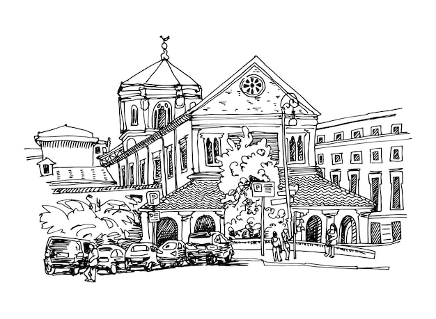 Dibujo en blanco y negro del paisaje urbano de Roma, antiguo edificio histórico de Italia, ilustración vectorial