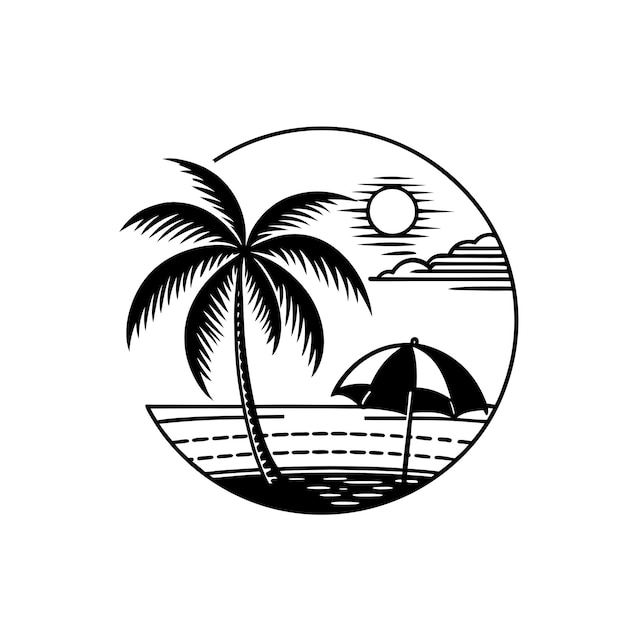 un dibujo en blanco y negro de palmeras y un paraguas