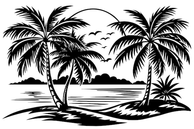 Vector un dibujo en blanco y negro de palmeras en una playa