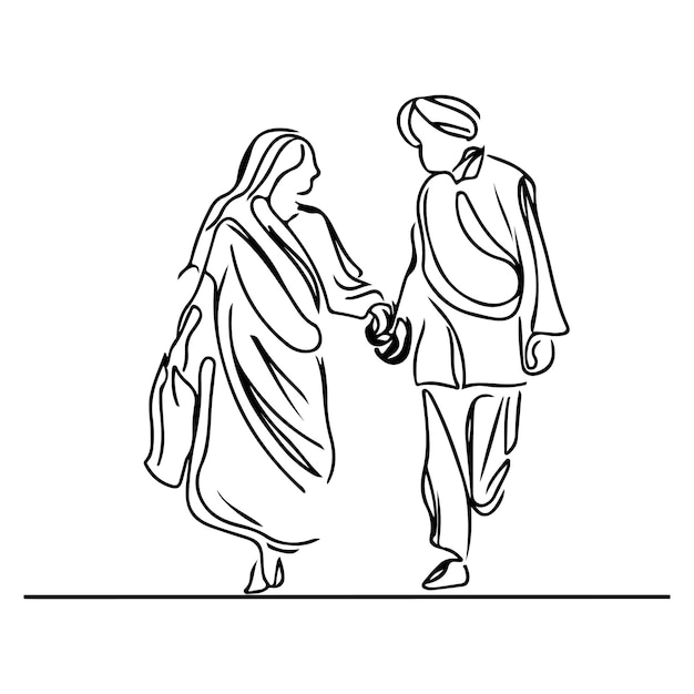 Un dibujo en blanco y negro de una pareja caminando de la mano.