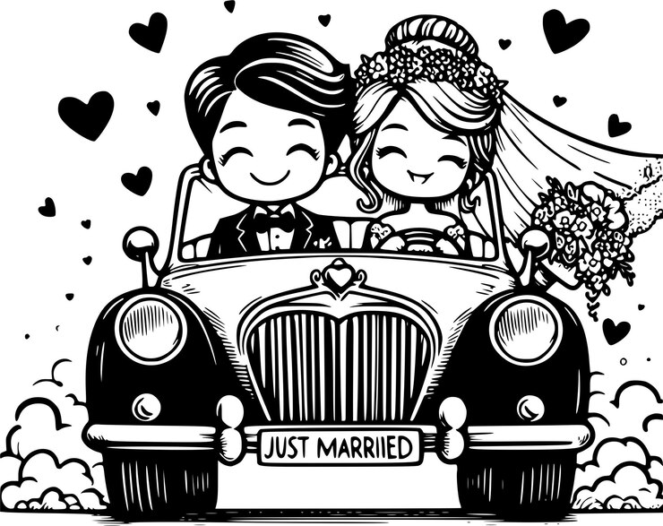 Vector un dibujo en blanco y negro de una pareja y un coche con las palabras recién casados en él