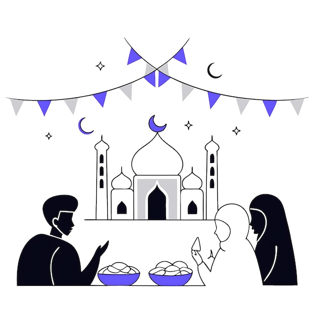 un dibujo en blanco y negro de una pareja sentada en una mesa con una mezquita en el fondo