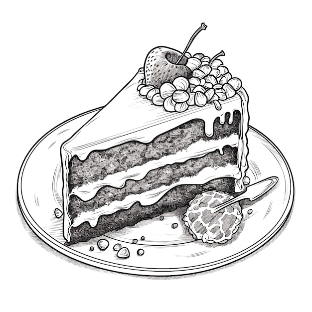 dibujo en blanco y negro de un pastel ilustración de contorno de pastel de cumpleaños dibujado a mano