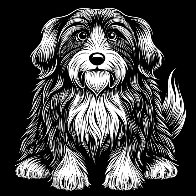 un dibujo en blanco y negro de un perro con un fondo negro