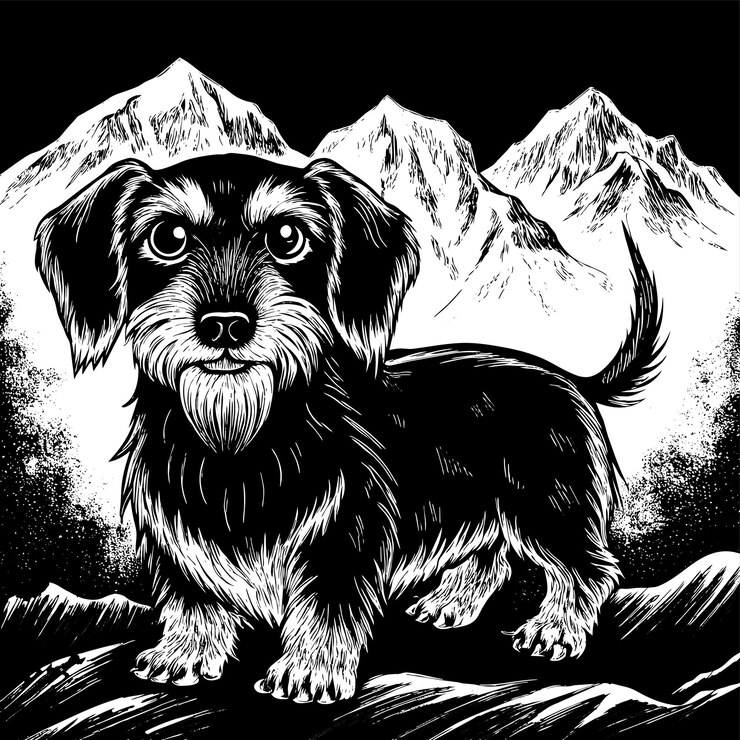Vector un dibujo en blanco y negro de un perro con una montaña en el fondo