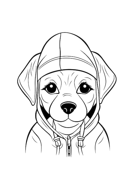 Vector un dibujo en blanco y negro de un perro con una sudadera con capucha.