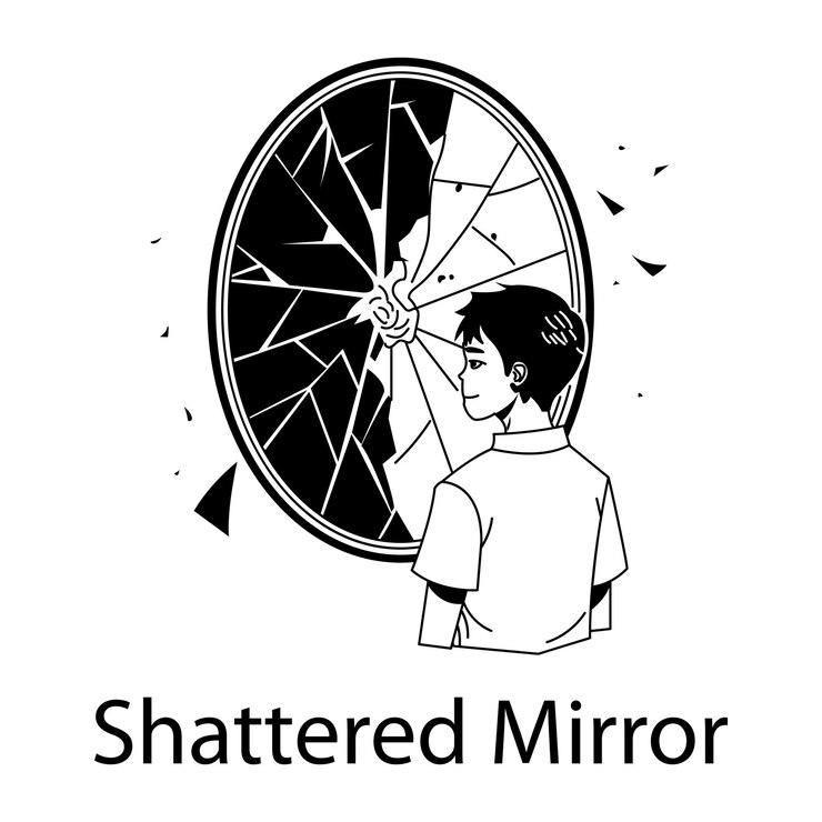 Vector un dibujo en blanco y negro de una persona con un espejo que dice espejo roto