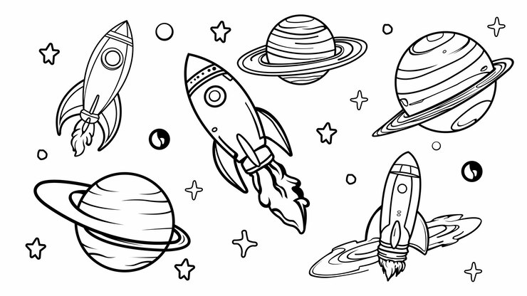 Un dibujo en blanco y negro de un planeta cohete icono del espacio dibujando libro de colorear
